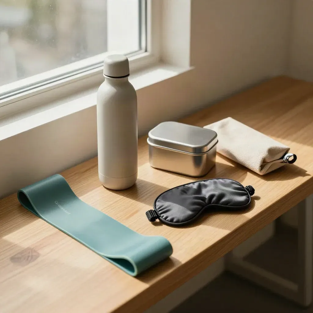 Wellness starter kit on a bright oak bench with bottle, band, lunch tin, mask and pouch