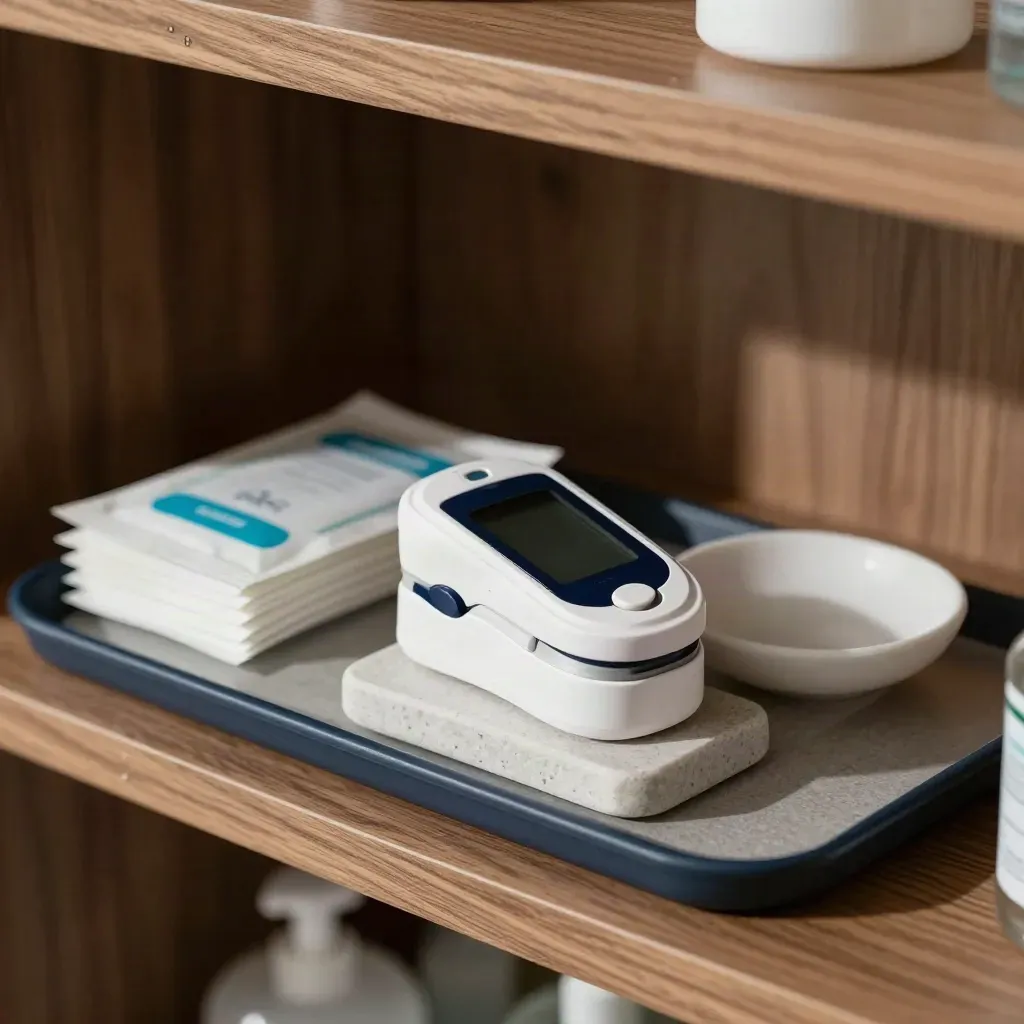 Pulse oximeter, glucose meter, wipes and stone dish on a clinic shelf