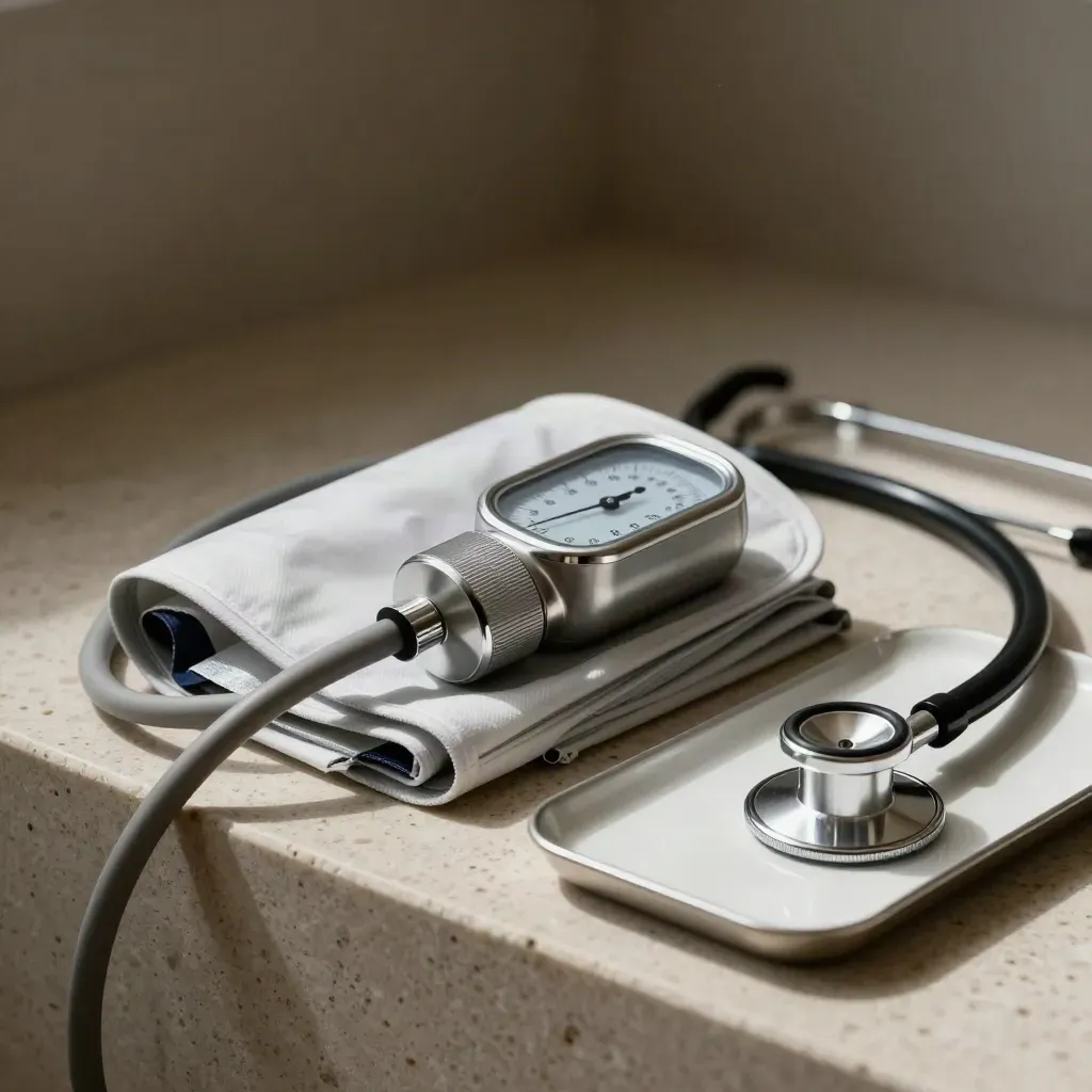 Macro still life of blood-pressure monitor, stethoscope, penlight and tray on travertine.