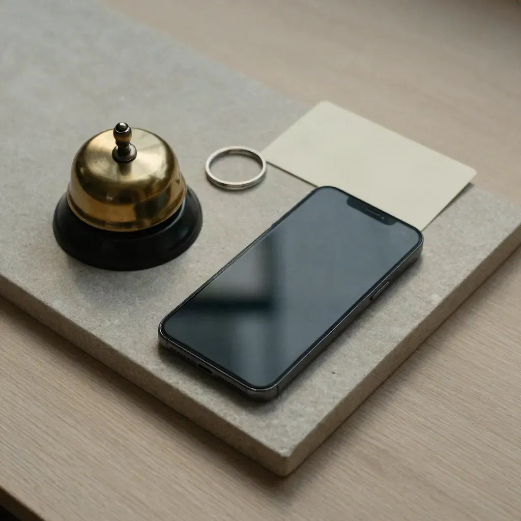 Smartphone on charger beside brass bell and key ring on a stone tray, top-down.
