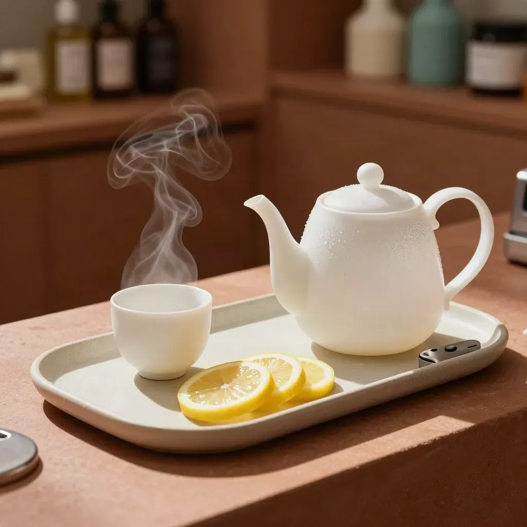Tea tray with lemon, teapot, water jug and phone dock on a terracotta counter.
