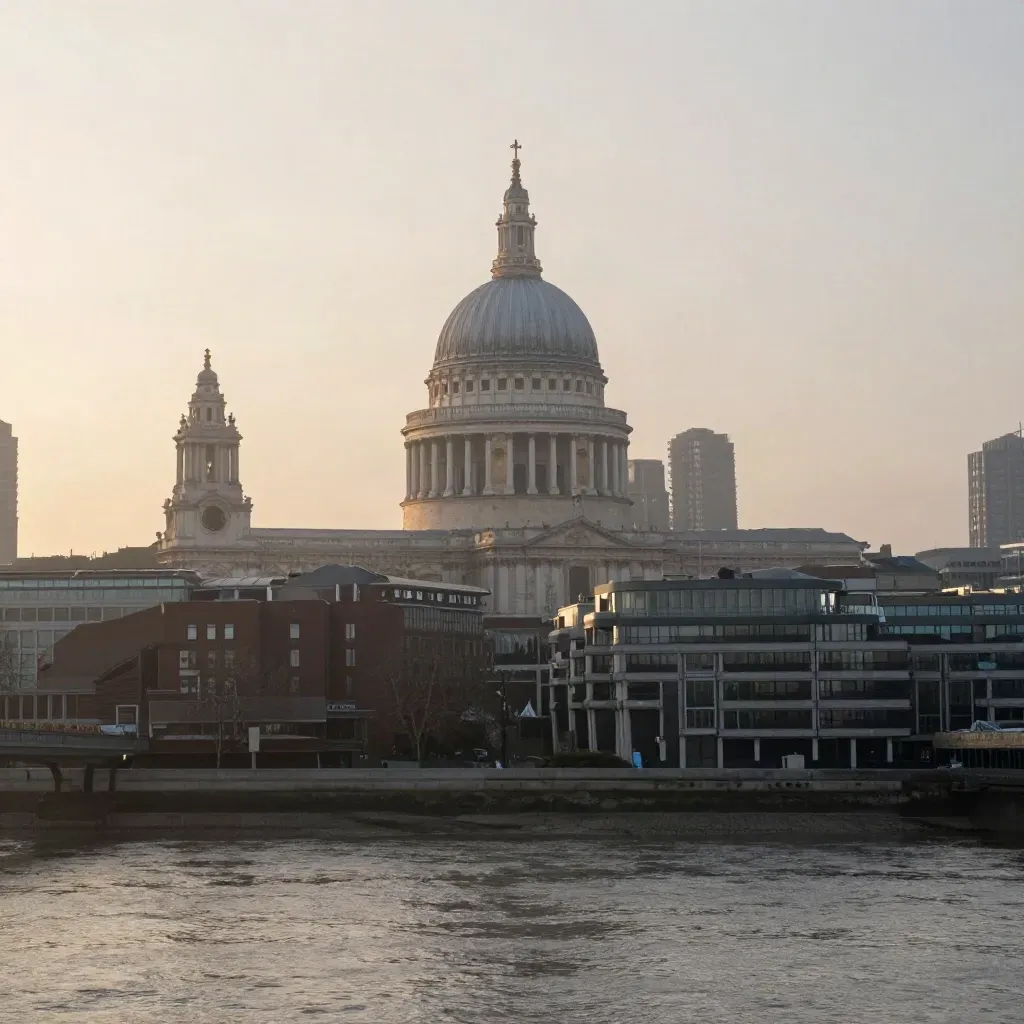 St Paul’s dome over a misty London skyline at dawn above the Thames