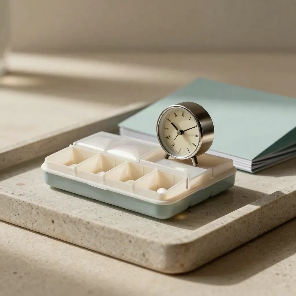 Pill organiser, small clock and folded care folder on a stone tray in soft side light