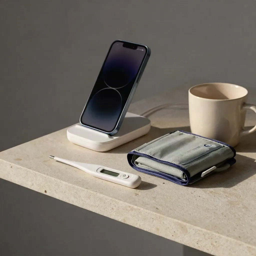 Stone shelf still life with thermometer, phone dock, cuff and ceramic cup.