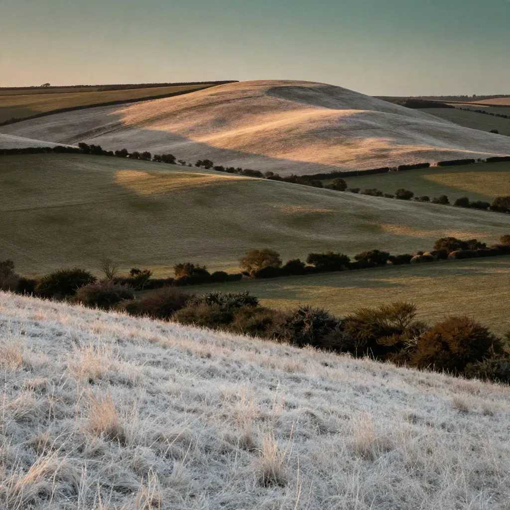Golden-hour Surrey downs with hedgerowed fields and warm haze, open calm land for copy.
