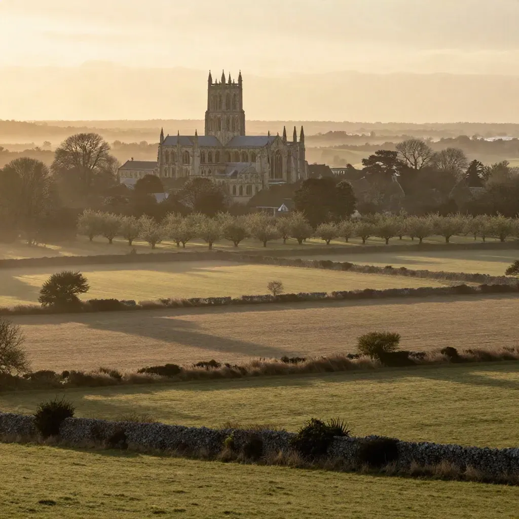 Kent cathedral above orchards and misty fields at golden hour