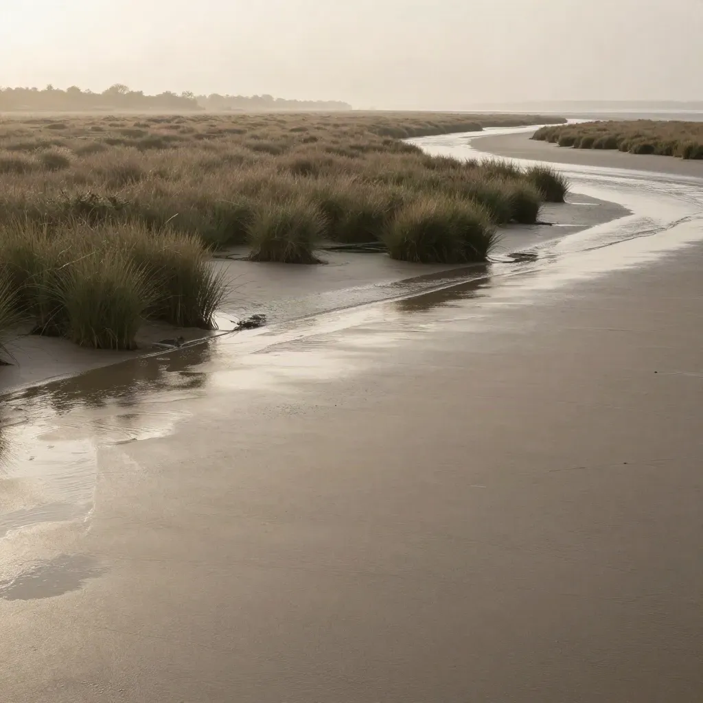 Essex estuary marshes and wet-sand flats under warm haze, shoreline high, open calm ground below.