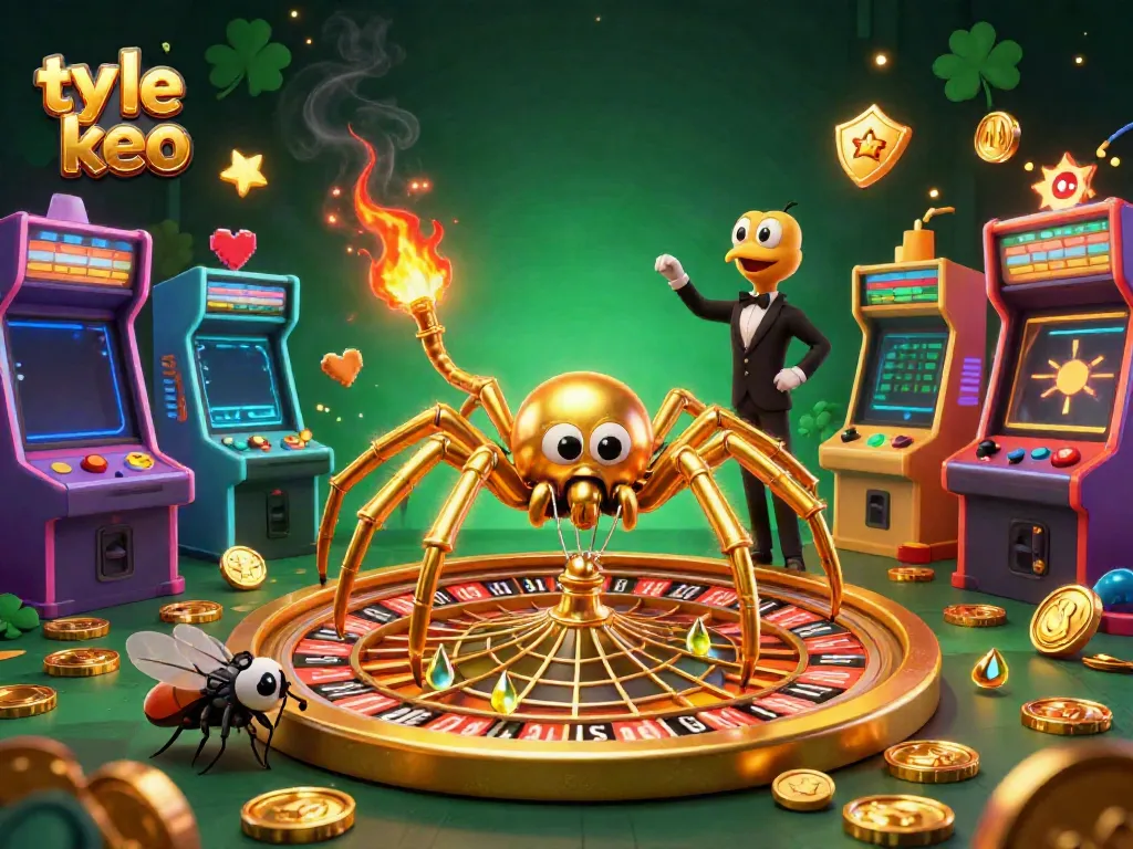 Engage with ty le keo as a 3D golden spider spins a roulette wheel web while a nervous fly bets.