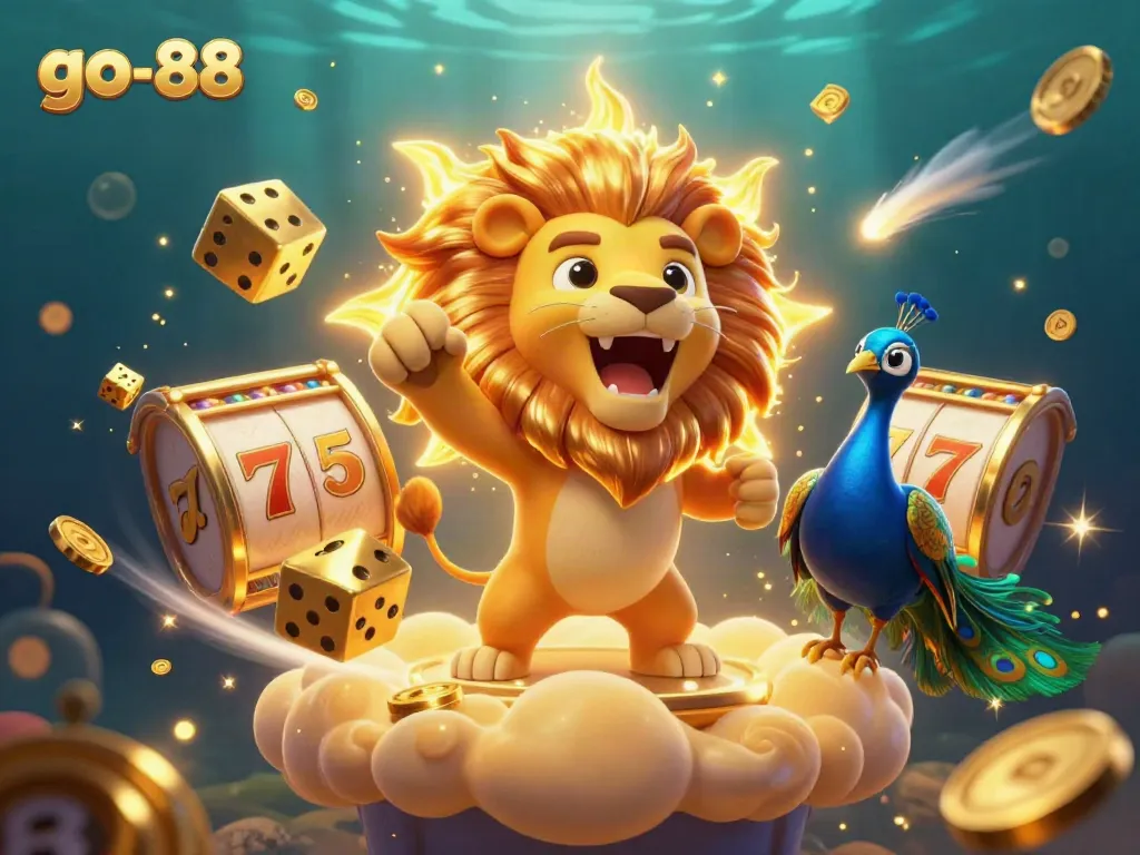Engage with go-88's thrilling gaming experience featuring a roaring sun lion and jackpot elements in a vibrant setting.