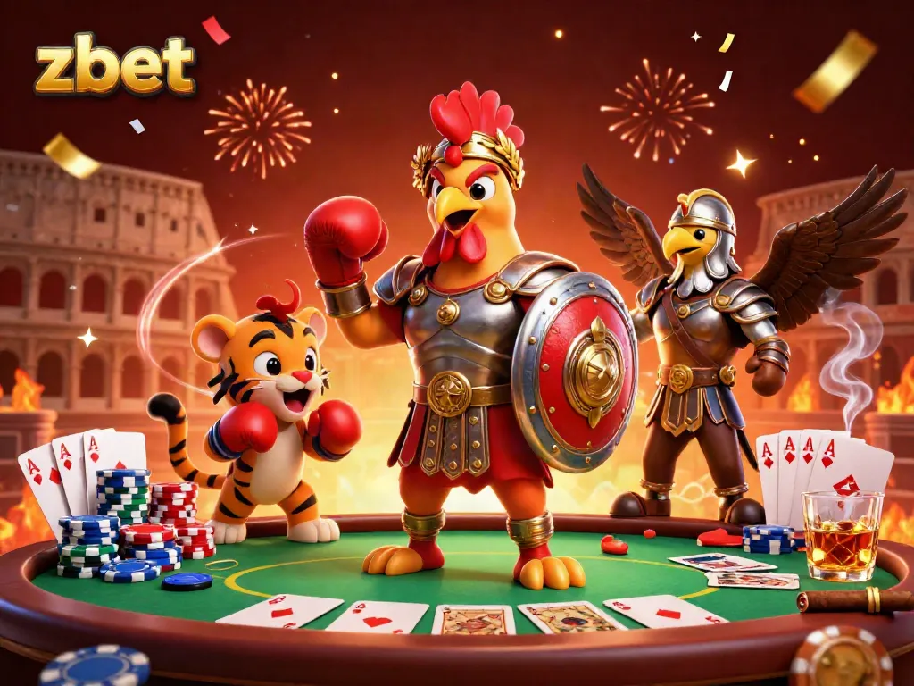 Zbet players enjoying a dynamic poker scene with a rooster and tiger in cinematic 3D illustration.