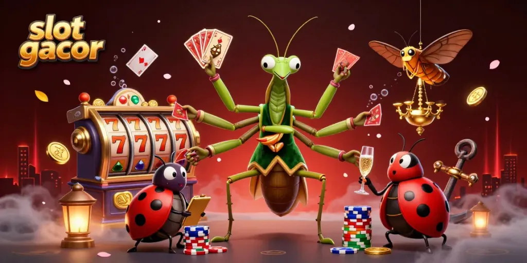 Gambarkan slot gacor bersama karakter lucu yang sedang merayakan kemenangan dalam kasino penuh warna.