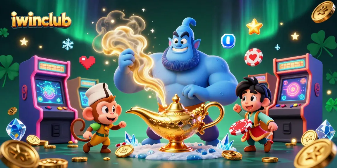 Play thrilling games at iwinclub featuring a magical genie, poker chips, and fun arcade elements.