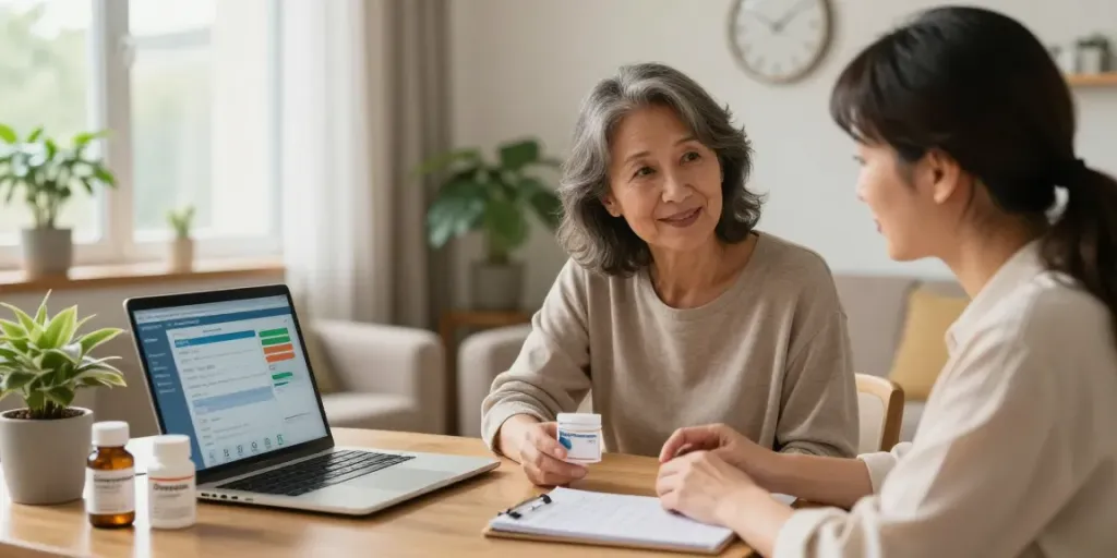 Buy Diazepam Online UK with trusted pharmacist in warm home setting discussing prescription options.