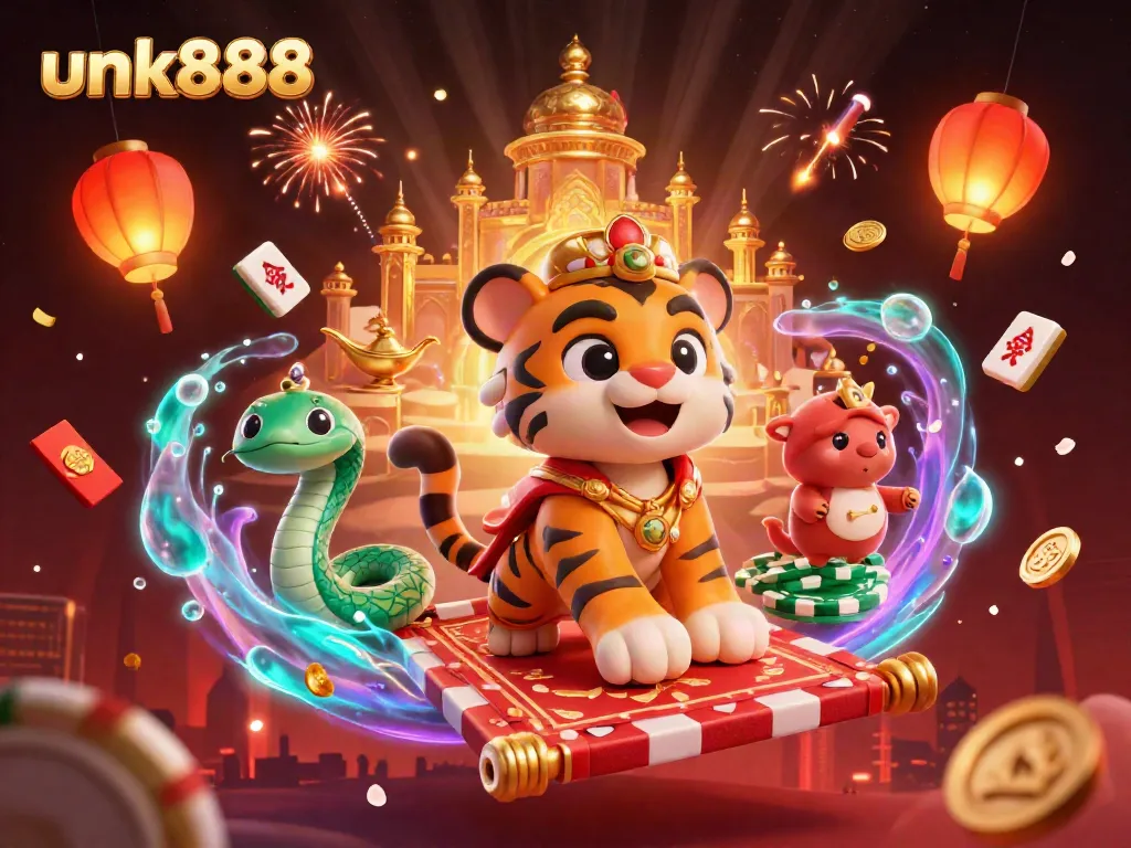 Experience the magic at unk888 with an enchanting 3D tiger sultan on a vibrant casino-themed flying carpet.