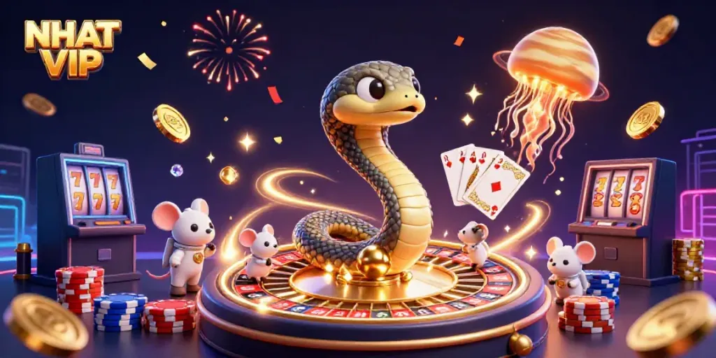 Experience the excitement of NHAT VIP with a dynamic cosmic casino scene featuring animated characters and vibrant game elements.