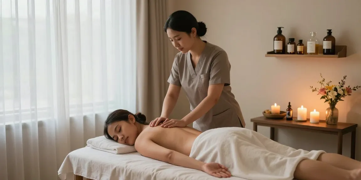 Relaxation during 출장마사지 therapy in a serene home spa setting.