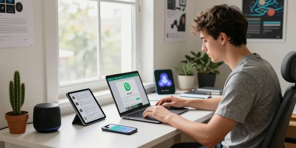 Downloading WhatsApp下載 on a laptop in a modern workspace, showcasing a tech-focused environment.