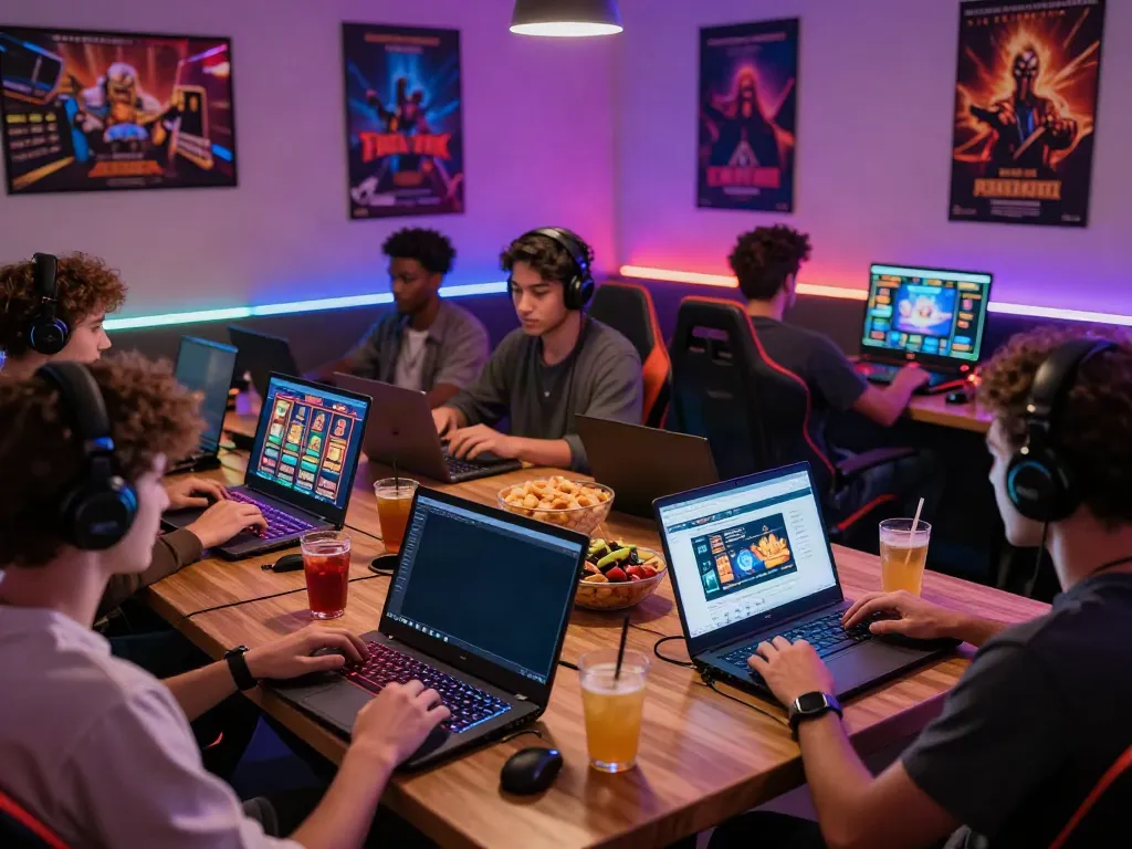 Players enjoying various non GamStop UK casinos in a lively gaming lounge environment