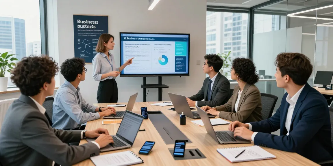 Team analyzing business contract ee options in a modern office setting, presenting statistics and collaboration.
