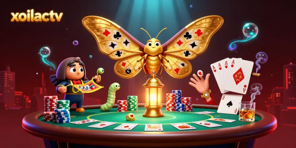 Experience the joy of gambling with xoilactv's vibrant casino scene featuring an atlas moth and poker elements.