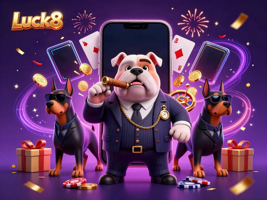 Luck8 enhances gameplay with a mafia boss bulldog, showcasing thrilling casino elements and bonuses.