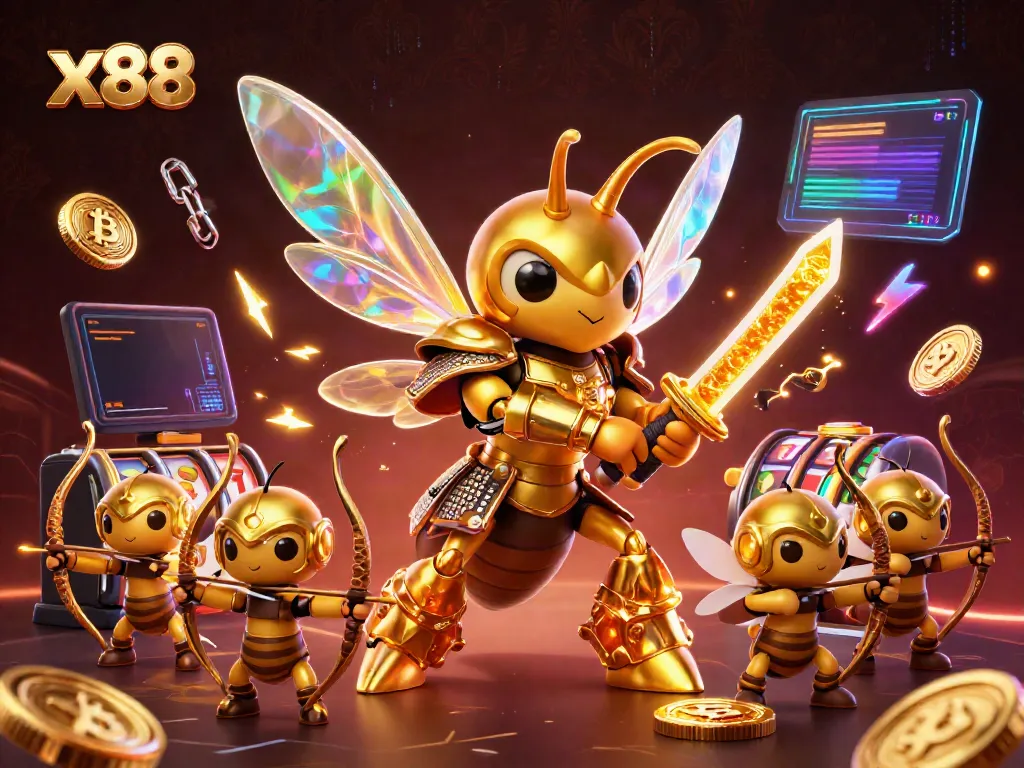 Experience thrilling x88 gameplay with vibrant 3D hornet and bee archers in a lively casino scene.