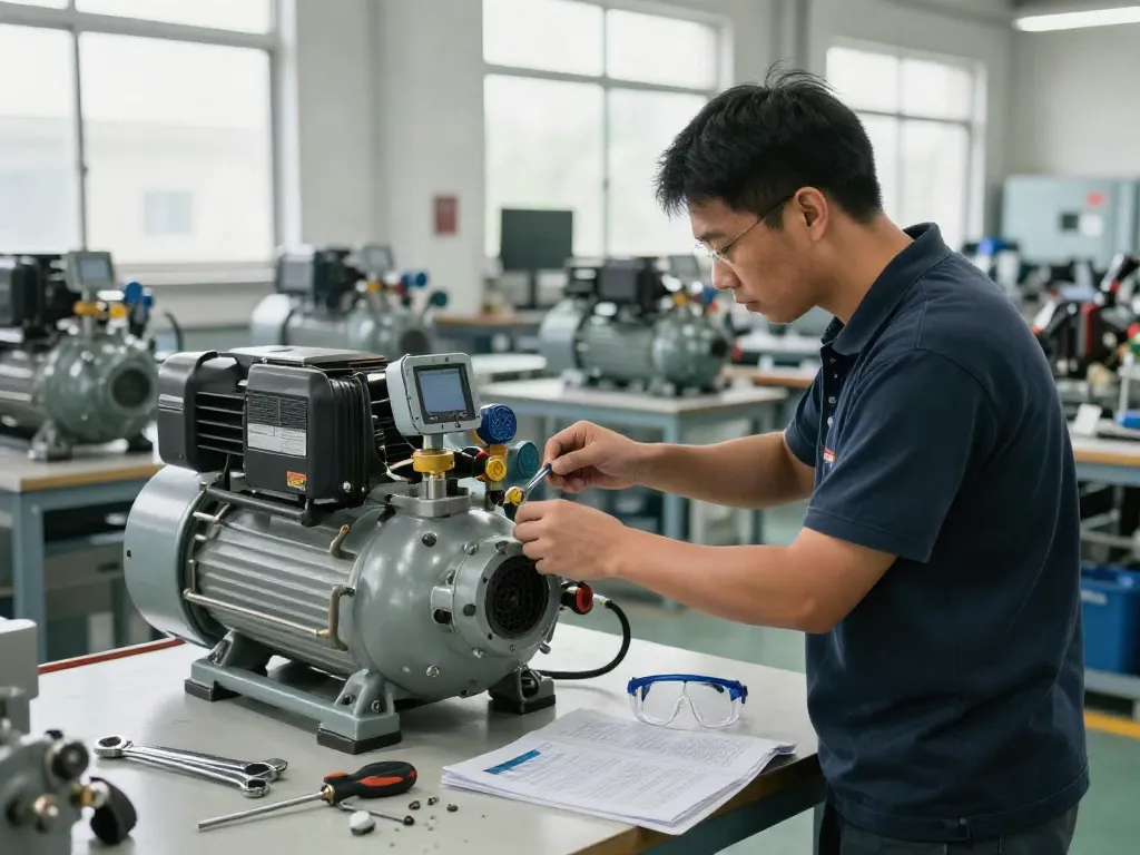 Technician calibrating an air compressor pressure switch in a well-lit industrial workshop.
