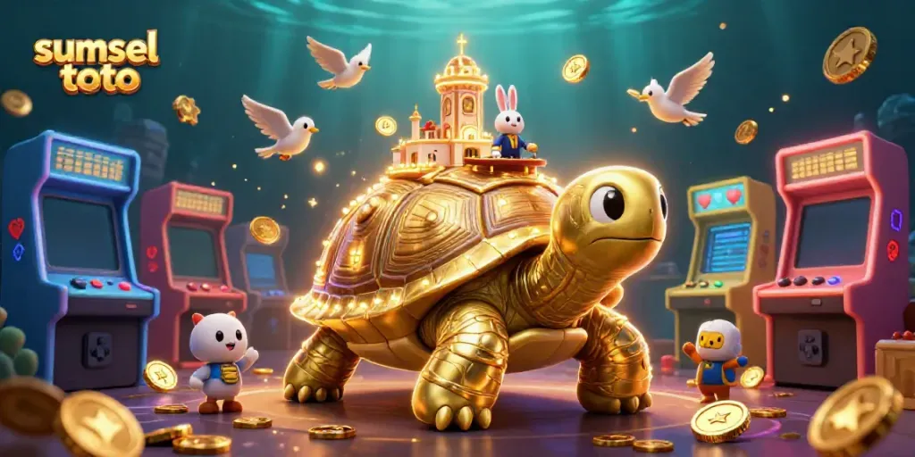 Experience the excitement of sumsel toto in a vibrant 3D casino scene featuring a golden tortoise and whimsical elements.