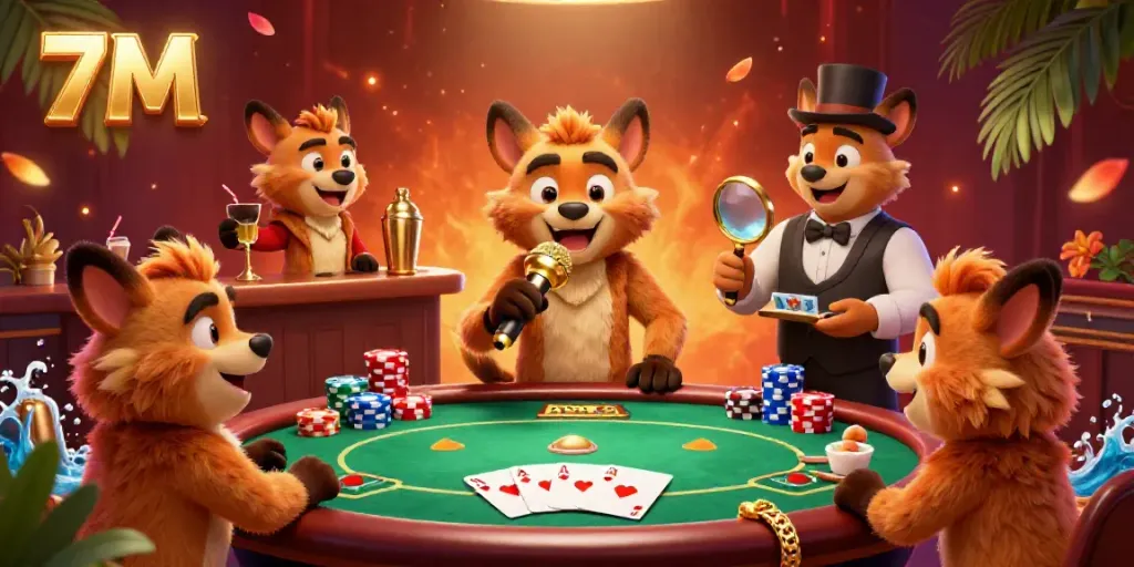 Experience the lively humor and excitement of the 7M casino scene with cartoon hyenas in action.