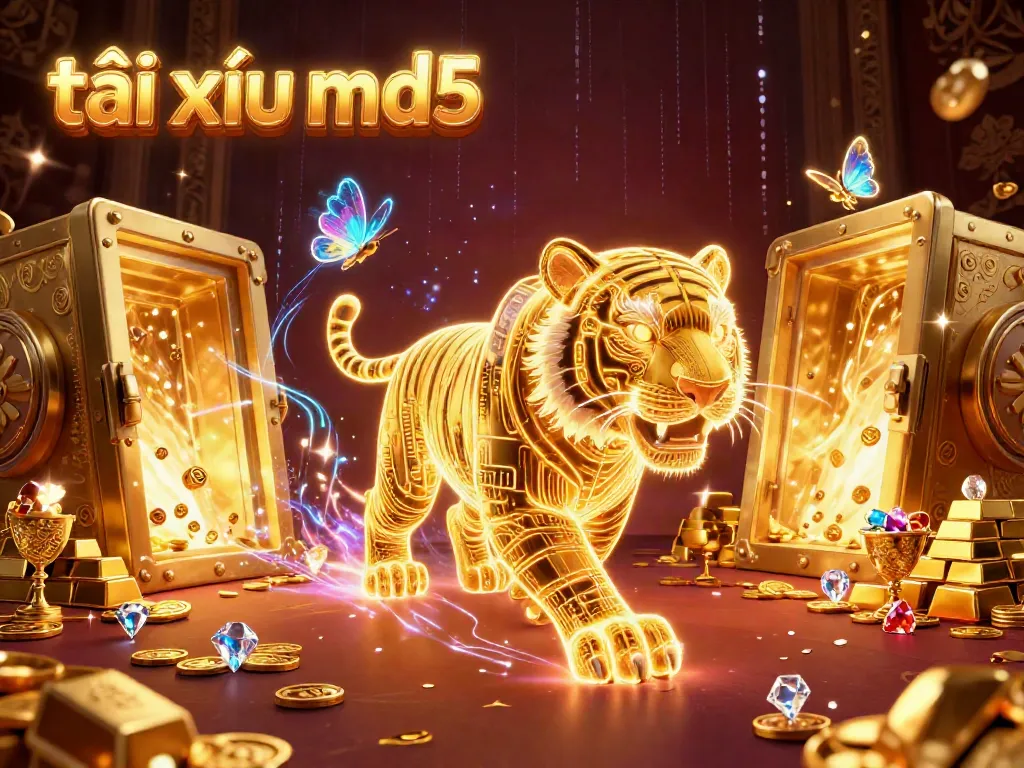 Experience the thrill of tài xỉu md5 with a neon golden tiger in a digital casino.