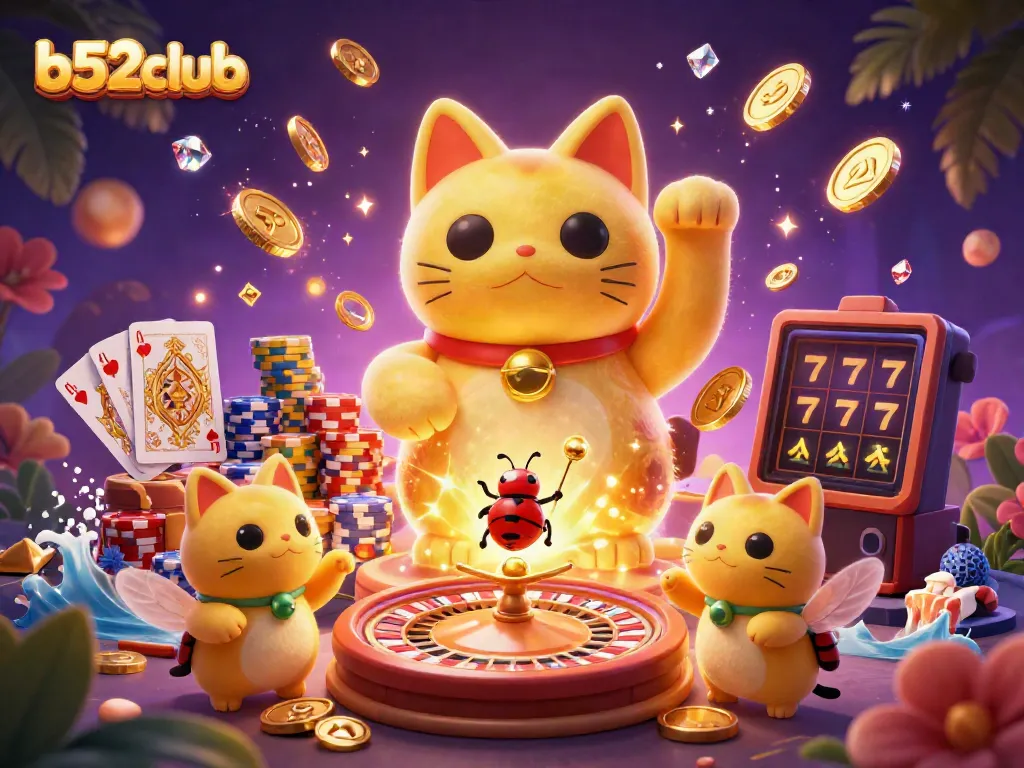 Experience the thrilling world of b52club with a vibrant lucky cat and casino symbols.