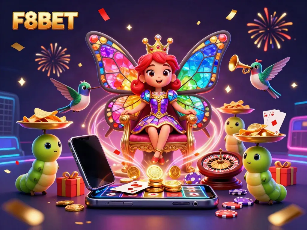 Experience the excitement of F8BET with a vibrant casino-themed 3D scene featuring the butterfly queen and dynamic gaming elements.