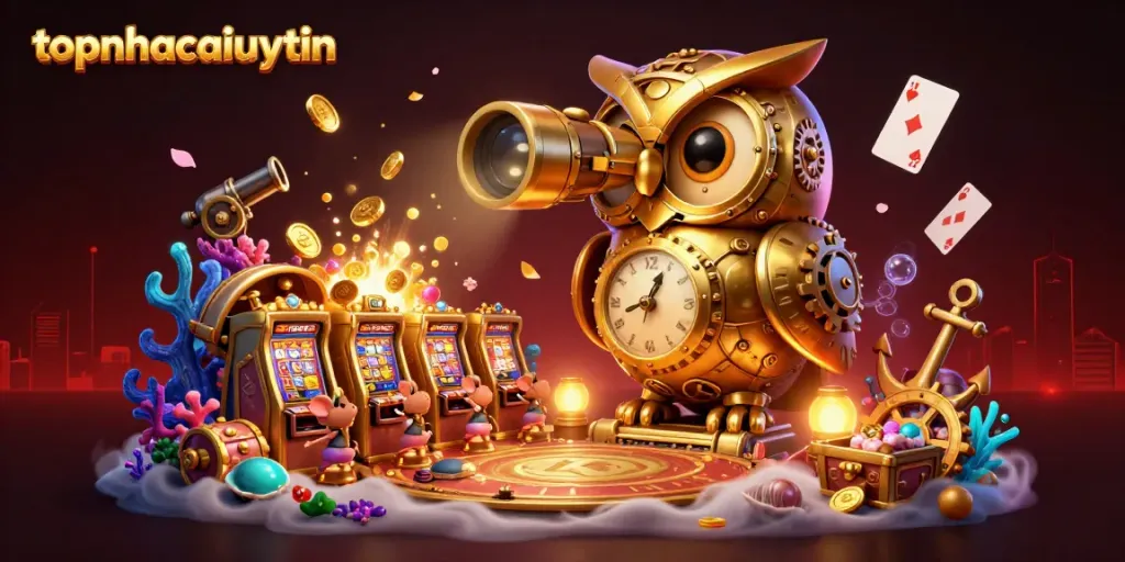 topnhacaiuytin features a golden owl scanning a dynamic casino with vibrant treasures and elements