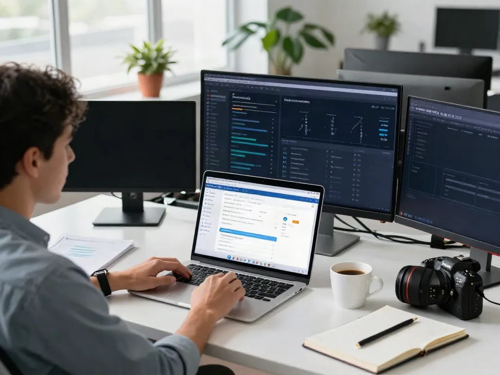Digital marketing workspace showcasing instant indexing data analysis with multiple screens and tools.