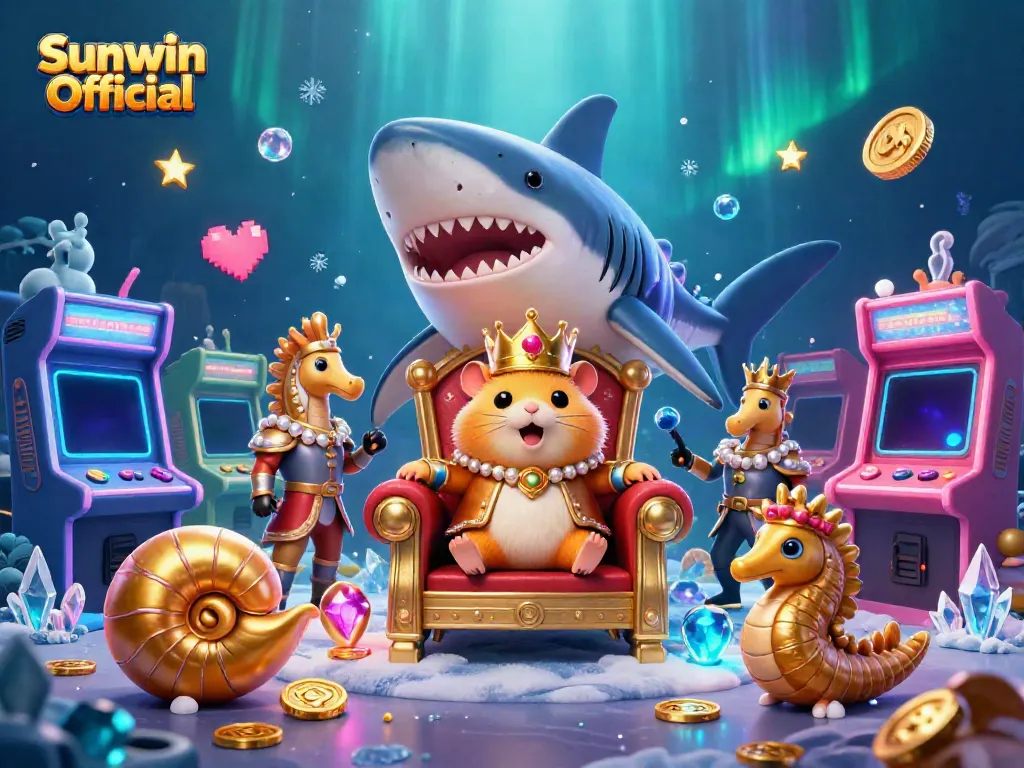 Experience thrilling gameplay with Sunwin Official, featuring a hamster king on a megalodon throne surrounded by arcade machines and vibrant casino elements.