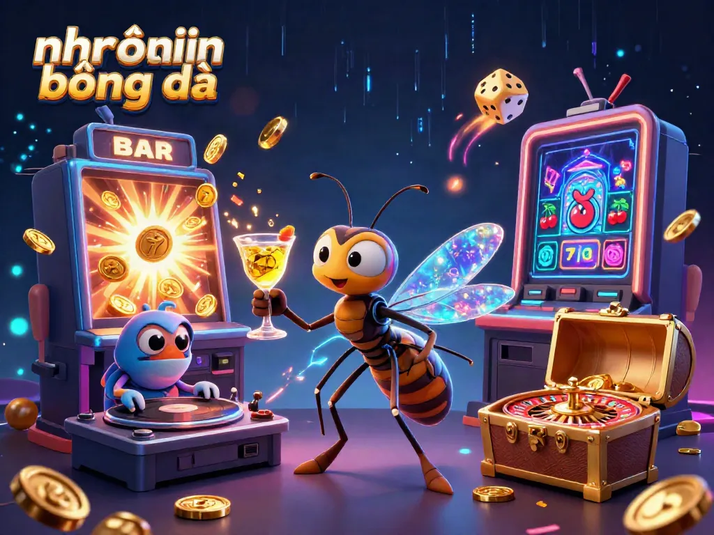 Engaging nhận định bóng đá scene featuring a frozen mosquito mascot, trilobite DJ, and golden roulette wheel in a vibrant casino context.