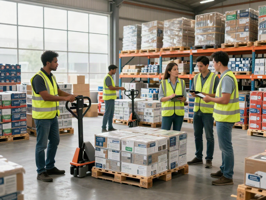 Pallets movers efficiently operating in a bright warehouse, showcasing teamwork and logistics.