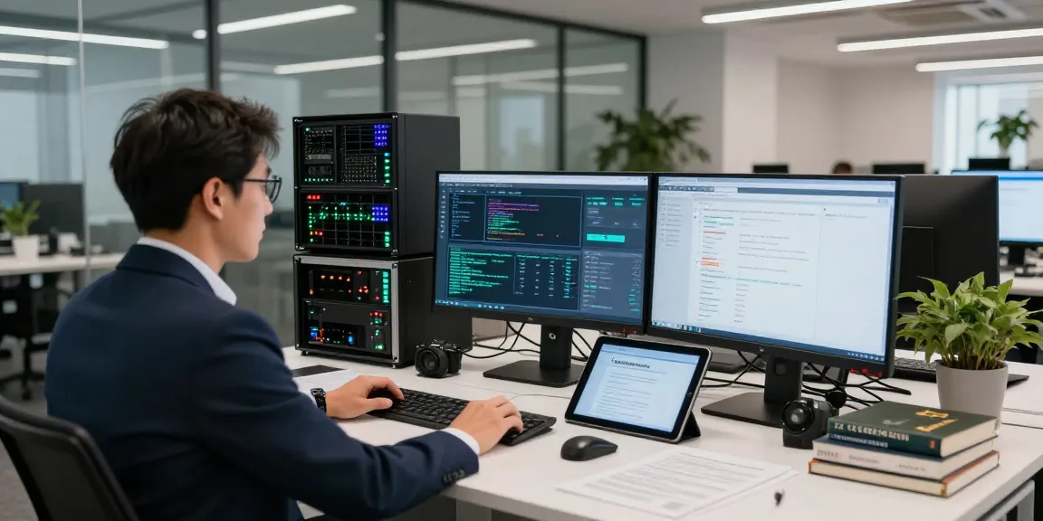Technician assessing iasme cyber essentials compliance in a modern workspace, showcasing cybersecurity analytics.
