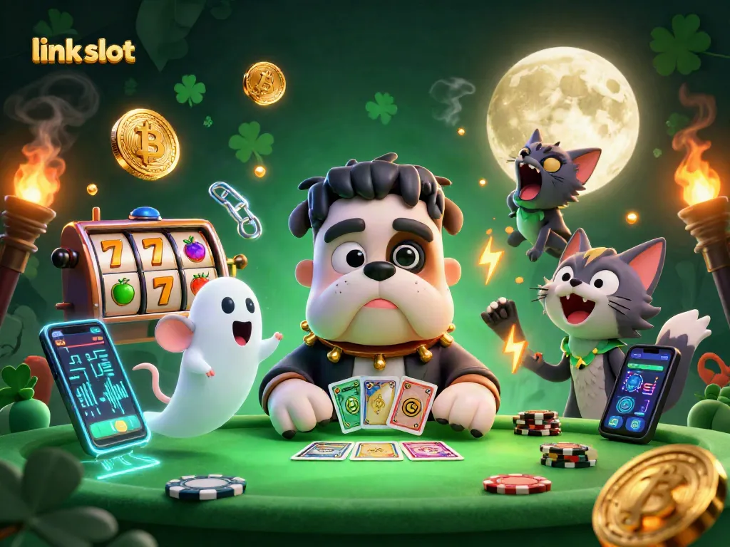 Experience the thrill of link slot with a lively 3D scene featuring a cartoon Frankenstein bulldog and exciting slot elements.