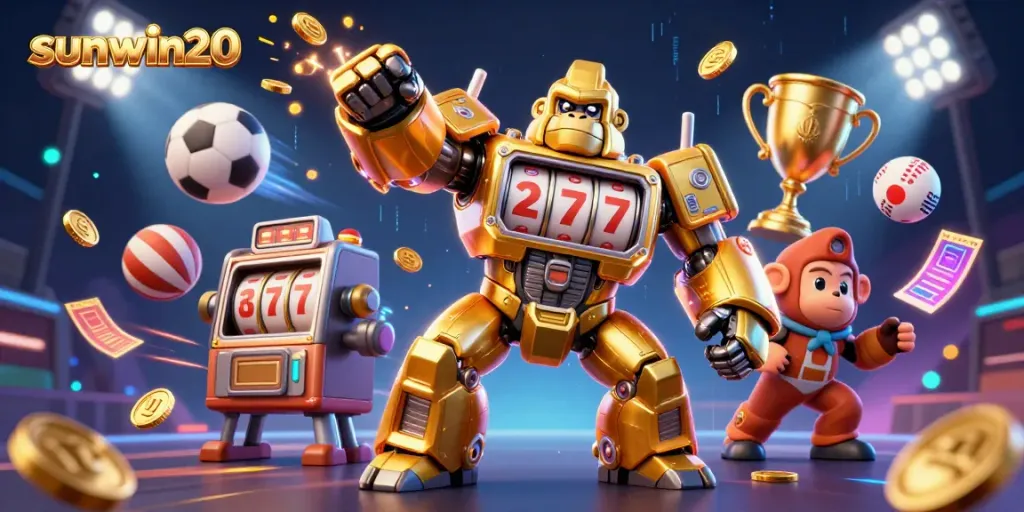 Experience thrilling gameplay with sunwin20's golden gorilla mech smashing through coins and sports elements.