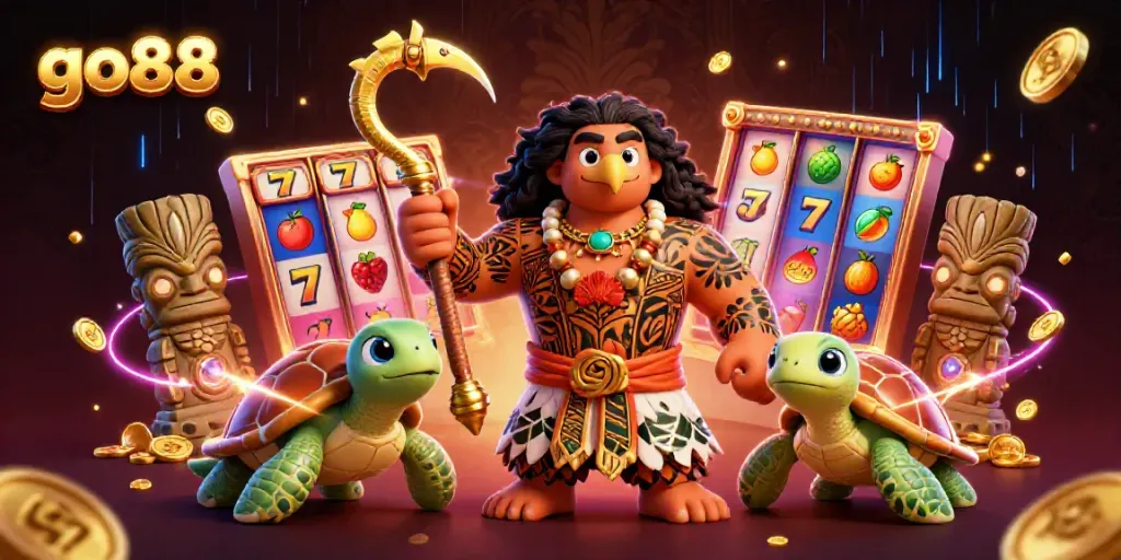 Experience the lively go88 world with vibrant slot reels and a Maui-style demigod character.