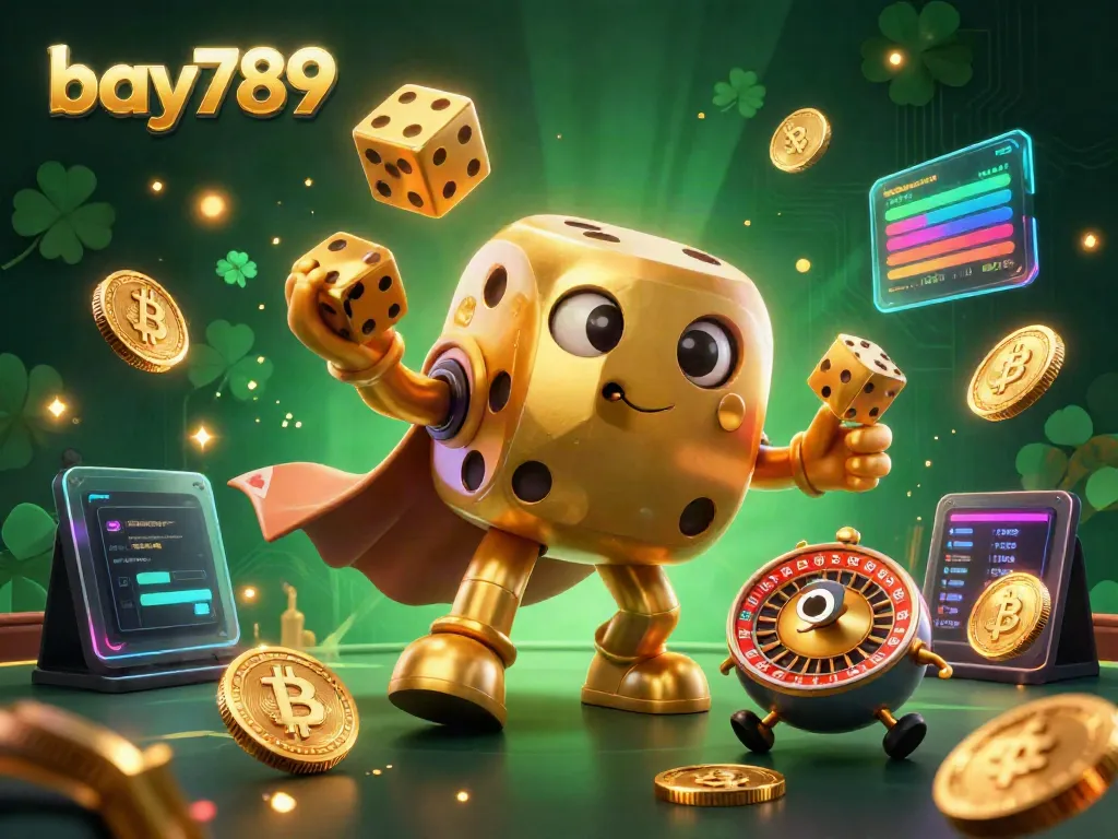 Experience the excitement of bay789 with a golden dice golem and crypto-themed elements in a vibrant casino scene.