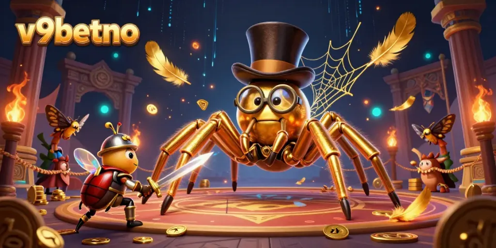 Engage with thrilling casino action at v9betno featuring a golden tarantula and a brave beetle knight.