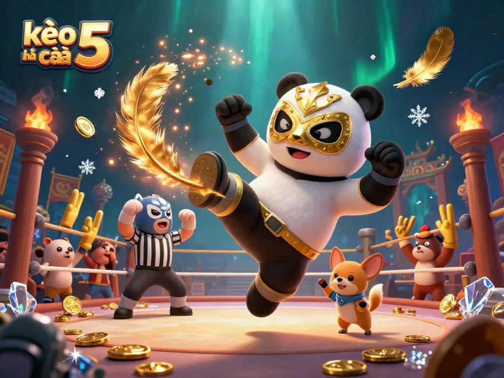 Engage with kèo nhà cái 5 in this vibrant sports betting scene featuring a panda wrestler and animal spectators.