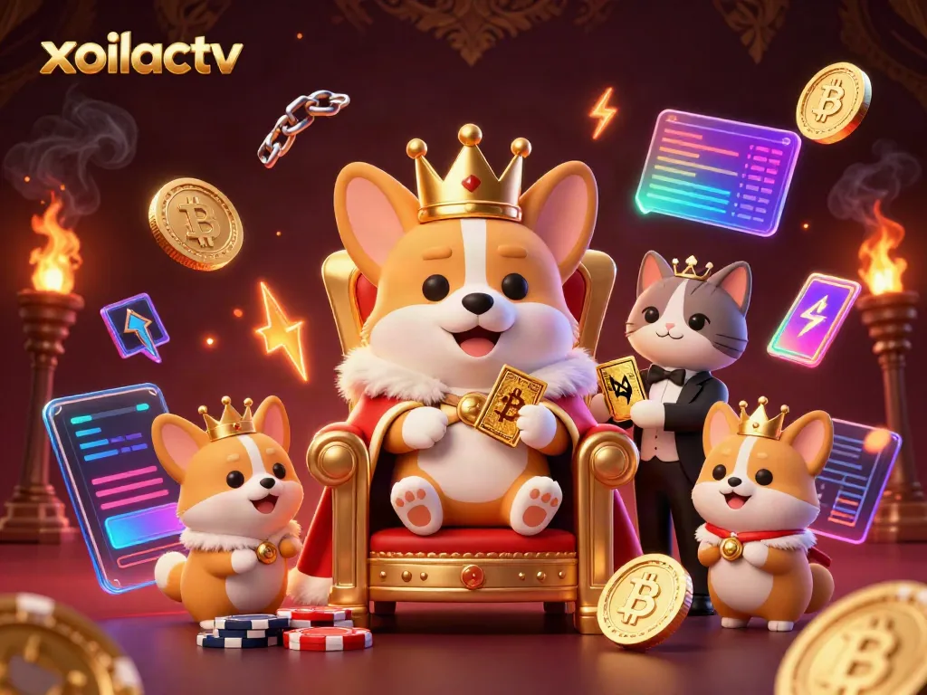 Xoilactv showcases a royal corgi on a throne of poker chips, surrounded by betting elements for a vibrant gambling scene.