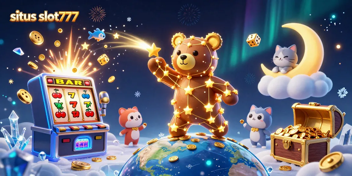 Experience the excitement on situs slot777 as a constellation bear scoops coins from Earth, surrounded by slot machines.