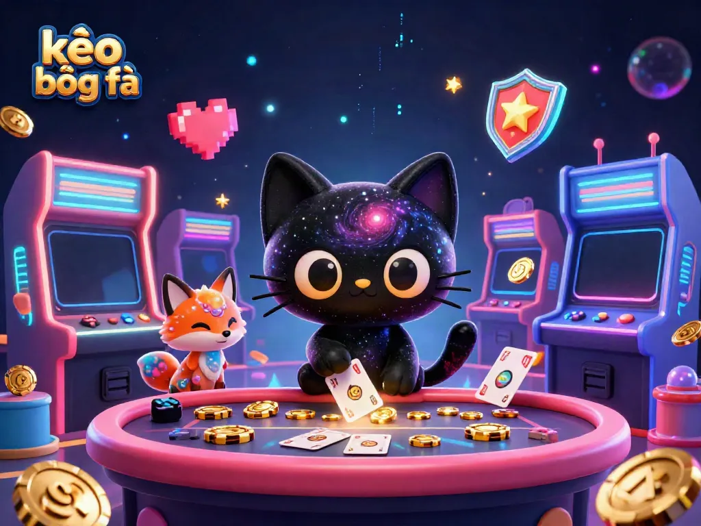 Engaging kèo bóng đá scene featuring a black hole cat and a nebula fox at a cosmic casino table.