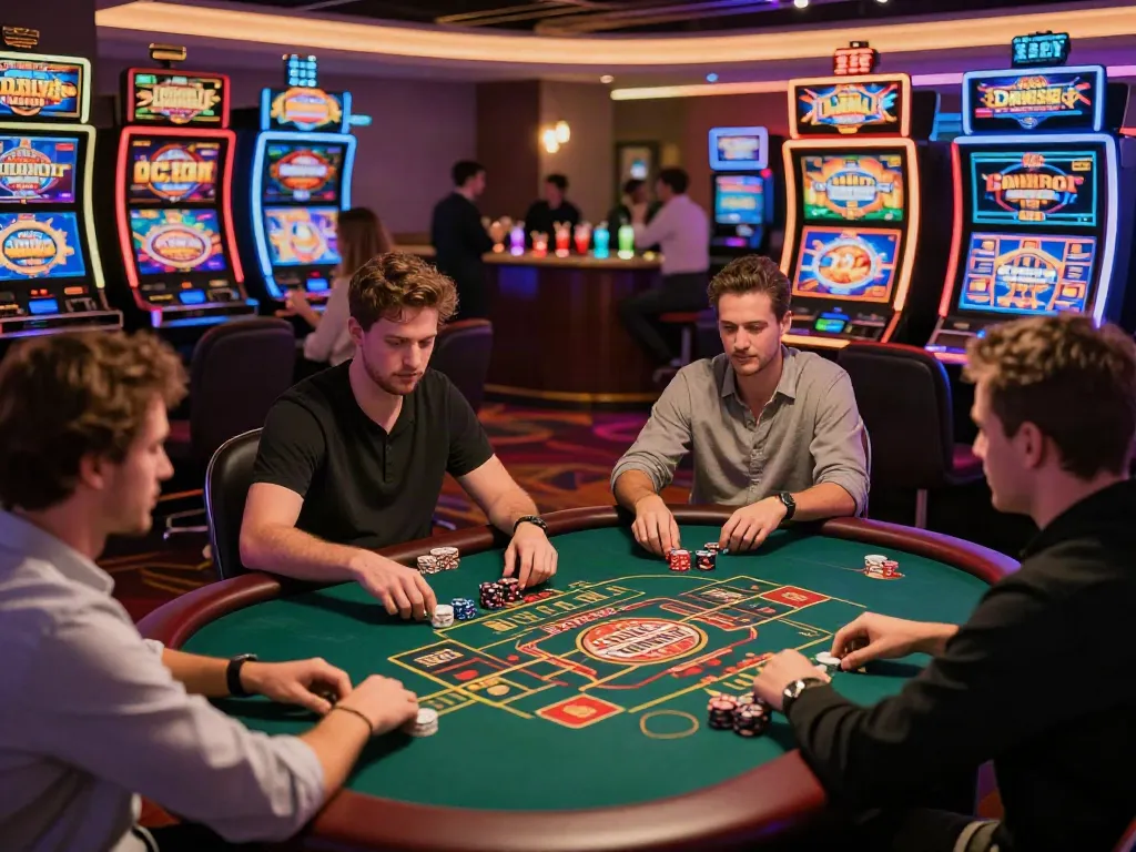 Engaging scene of diverse players at non GamStop UK casinos enjoying games like roulette and poker in a lively atmosphere.