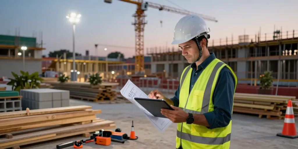 Quantity surveyor reviewing retrofit estimating services on tablet at construction site