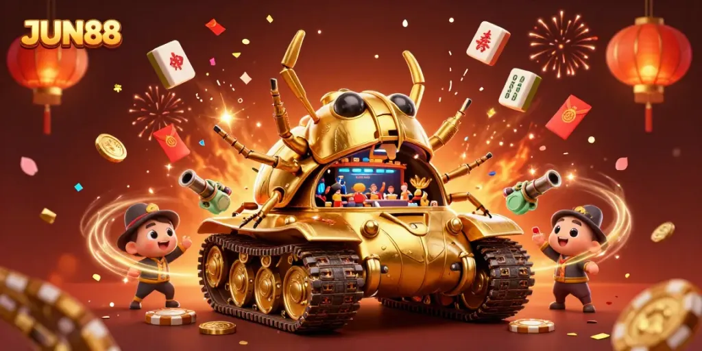 Experience entertainment at JUN88 with a vibrant scene showcasing a miniature casino within a golden beetle tank.